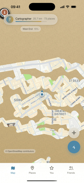 The Unmapped map after a real walk across the West End — fog lifted along every street actually walked.