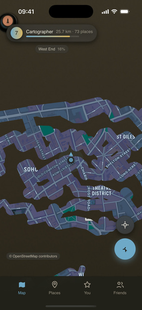 The same explored West End map in dark mode.