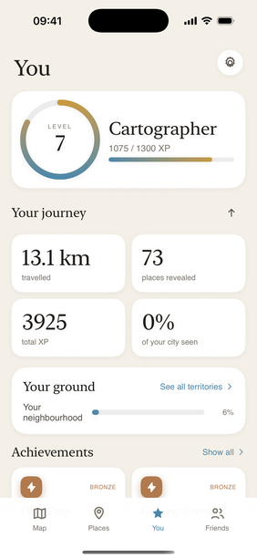 The You screen: level, kilometres walked, places discovered, and the real percentage explored per neighbourhood.